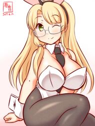 Rule 34 | 1girl, animal ears, between breasts, blonde hair, blush, breasts, brown pantyhose, cleavage, covered navel, detached collar, fake animal ears, glasses, gradient background, green eyes, kanon (kurogane knights), kantai collection, large breasts, leotard, long hair, looking at viewer, necktie, necktie between breasts, northampton (kancolle), one-hour drawing challenge, one eye closed, pantyhose, pink background, playboy bunny, rabbit ears, rabbit tail, semi-rimless eyewear, sitting, smile, solo, strapless, strapless leotard, tail, white leotard, wrist cuffs