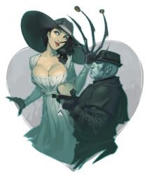 Rule 34 | 1boy, 1girl, absurdres, alcina dimitrescu, black coat, black gloves, black hair, box, breasts, chocolate, chuck pires, claws, cleavage, coat, collarbone, corsage, dress, duster coat, eating, frown, gloves, heart, heart-shaped box, highres, large breasts, low-cut, mr x, pale skin, resident evil, resident evil 2, resident evil 2 (remake), resident evil village, revision, shaded face, trench coat, tyrant (resident evil), white dress