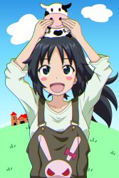 Rule 34 | 1girl, :d, absurdres, alternate hairstyle, animal, animal on head, arms up, barn, black eyes, black hair, blue sky, blush stickers, brown overalls, cloud, cloudy sky, commentary, cow, day, emblem, freckles, girls und panzer, gogopaint, green shirt, hair up, highres, long hair, long sleeves, looking at viewer, official alternate costume, on head, open mouth, outdoors, overalls, ponytail, rabbit, shirt, sky, smile, solo, upper body, yamagou ayumi