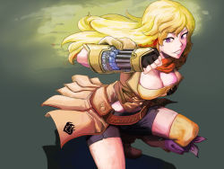 Rule 34 | 1girl, belt, black gloves, black shorts, blonde hair, boots, breasts, brown belt, brown footwear, brown top, cleavage, clenched hand, female focus, fingerless gloves, gauntlets, gloves, highres, image sample, kneeling, large breasts, long hair, looking at viewer, neckerchief, orange neckerchief, pixiv sample, purple eyes, resized, rwby, shorts, single thighhigh, smile, solo, thighhighs, waist cape, weapon, yang xiao long, yellow gauntlets