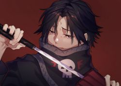 Rule 34 | 1boy, bandana, black eyes, black hair, closed mouth, commentary request, concealed weapon, drawing sword, feitan portor, holding, holding sword, holding umbrella, holding weapon, hunter x hunter, looking at viewer, male focus, parted bangs, red background, sainome (tonton pix), short hair, simple background, skull print, solo, sword, umbrella, upper body, weapon