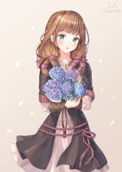 Rule 34 | 1girl, absurdres, blue flower, bouquet, brown hair, cowboy shot, flower, green eyes, grey background, hair over shoulder, hair ribbon, highres, holding, holding bouquet, la campanella, long hair, long sleeves, looking at viewer, medium skirt, pink ribbon, ribbon, skirt, solo, standing, tree of savior, white skirt