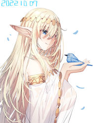 Rule 34 | 1girl, animal, bare shoulders, bird, blonde hair, blue eyes, breasts, cleavage, closed mouth, detached sleeves, dress, from side, hair between eyes, hands up, highres, holding, holding animal, large breasts, long hair, long sleeves, original, petals, pointy ears, see-through silhouette, simple background, smile, solo, upper body, very long hair, white background, white dress, white sleeves, wide sleeves, yuuji (yukimimi)