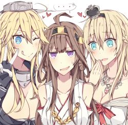 Rule 34 | ..., 10s, 3girls, aqua eyes, bad anatomy, bare shoulders, blonde hair, blue eyes, blush, breasts, brown hair, cleavage, girl sandwich, gloves, hand to own mouth, heart, iowa (kancolle), jewelry, kantai collection, kongou (kancolle), kvlen, large breasts, medium breasts, multiple girls, necklace, one eye closed, open mouth, purple eyes, sandwiched, spoken ellipsis, star-shaped pupils, star (symbol), sweatdrop, symbol-shaped pupils, warspite (kancolle)