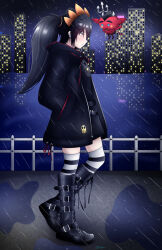 Rule 34 | 1girl, ashley (warioware), black hair, chibi, colored skin, demon, faihara, hands in pockets, highres, horns, jacket, nintendo, rain, red skin, striped clothes, striped thighhighs, thighhighs, twintails, warioware