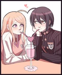 Rule 34 | 1boy, 1girl, ahoge, akamatsu kaede, arm support, black border, black hair, black jacket, blonde hair, blush, border, breast pocket, brown eyes, buttons, cheek rest, cheer (cheerpuppy14), commentary, crossed arms, danganronpa (series), danganronpa v3: killing harmony, dating, double-breasted, drinking straw, english commentary, glass, heart, highres, jacket, long sleeves, looking at another, pink eyes, pink sweater vest, pink vest, pocket, saihara shuichi, shirt, short hair, simple background, smile, sweater vest, upper body, vest, white shirt