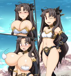 Rule 34 | 1girl, abridged-satoko, alternate breast size, areola slip, blush, breast expansion, breasts, brown hair, bursting breasts, censored, censored nipples, cleavage, cloud, convenient censoring, earrings, fate/grand order, fate (series), highres, huge breasts, ishtar (fate), jewelry, large breasts, long hair, medium breasts, motion lines, navel, one eye closed, open mouth, outdoors, red eyes, sky, smile, solo, standing, tohsaka rin, unaligned breasts, wink