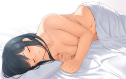Rule 34 | 1girl, afterglow, aftersex, bed sheet, black hair, blanket, blush, breasts, censored, censored nipples, cleavage, completely nude, convenient arm, convenient censoring, closed eyes, groin, hayami kanade, highres, idolmaster, idolmaster cinderella girls, kirou (kiruyuu1210), large breasts, lying, navel, nude, on bed, on side, parted lips, pillow, short hair, sleeping, solo