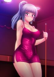 Rule 34 | 1girl, absurdres, bare shoulders, billiards, blush, breasts, ceiling light, cleavage, collarbone, cue stick, dress, grey hair, highres, holding, indoors, kanna albeecht, large breasts, long hair, looking at viewer, ponytail, red dress, red eyes, sleeveless, sleeveless dress, solo, standing, stick, yukino memories, zel-sama