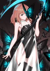 Rule 34 | 1girl, absurdres, animal, armpits, bare arms, bare shoulders, black leotard, black thighhighs, breasts, brown eyes, brown hair, bug, butterfly, character request, closed mouth, commentary request, dress, forever 7th capital, glowing, highres, holding, holding scythe, insect, leotard, long hair, looking at viewer, medium breasts, one eye covered, scythe, see-through, sleeveless, sleeveless dress, solo, thighhighs, wu lun wujin