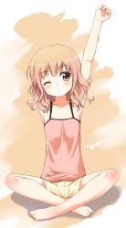 Rule 34 | 1girl, arm up, armpits, bare legs, barefoot, blush, brown eyes, brown hair, camisole, collarbone, flat chest, frown, full body, head tilt, highres, indian style, long hair, one eye closed, oomuro sakurako, outstretched arm, shorts, sitting, solo, spaghetti strap, stretching, uneune, wince, yellow shorts, yuru yuri