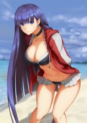 Rule 34 | 1girl, arms behind back, beach, bikini, black bikini, blue eyes, blue sky, breasts, choker, cleavage, closed mouth, collarbone, cross, cross choker, earrings, fate/grand order, fate (series), frilled bikini, frills, highres, iwainari, jacket, jewelry, large breasts, leaning forward, long hair, long sleeves, looking at viewer, martha (fate), martha (swimsuit ruler) (fate), martha (swimsuit ruler) (second ascension) (fate), navel, ocean, open clothes, open jacket, outdoors, purple hair, red jacket, sky, smile, solo, standing, swimsuit, thighs