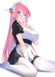 Rule 34 | 1girl, absurdres, apron, between legs, black dress, blue eyes, blush, bocchi the rock!, breasts, commentary, cube hair ornament, dress, embarrassed, frilled apron, frills, gotoh hitori, hair ornament, hand between legs, hand up, highres, large breasts, legs, long hair, looking at viewer, maid, maid apron, niji (user gaxk2333), no shoes, official alternate costume, open mouth, pink hair, revision, short sleeves, sitting, solo, thighhighs, waist apron, wariza, white background, white thighhighs, white wrist cuffs, wrist cuffs, zettai ryouiki