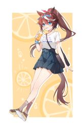 Rule 34 | 1girl, alternate costume, animal ears, bag, belt, blue eyes, blush, brown footwear, brown hair, brown socks, clothes writing, cup, disposable cup, drinking, full body, hairband, hand up, highres, holding, holding cup, horse ears, horse girl, horse tail, long hair, multicolored hair, parted lips, pony (animal), scrunchie, shirt, shirt tucked in, shoes, shoulder bag, socks, solo, streaked hair, tail, tokai teio (umamusume), umamusume, white shirt, wrist scrunchie, yunweishukuang