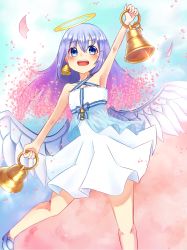 Rule 34 | 1girl, :d, angel wings, arm up, bad id, bad pixiv id, bare shoulders, bell, bell earrings, bellringer angel, blue eyes, blue footwear, blue hair, blue sky, blush, cherry blossoms, day, dress, earrings, glint, hair ornament, hairclip, halo, halterneck, highres, hosityaya, jewelry, long hair, looking at viewer, open mouth, outdoors, shadowverse, shoes, sky, smile, solo, white dress, wings