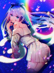 Rule 34 | 1girl, bare shoulders, black ribbon, blue eyes, blue hair, chromatic aberration, closed mouth, hair between eyes, hair ribbon, hand up, hatsune miku, headphones, headset, highres, jacket, leaning forward, light smile, long hair, long sleeves, looking at viewer, looking to the side, off shoulder, pleated skirt, ribbon, skirt, solo, tarbo (exxxpiation), very long hair, vocaloid, white jacket, white skirt