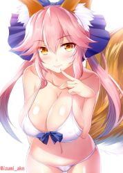 Rule 34 | 1girl, animal ear fluff, animal ears, arm behind back, bikini, blue bow, blush, bow, bow bikini, breasts, cleavage, closed mouth, collarbone, fate/extra, fate/grand order, fate (series), finger to mouth, fox ears, fox tail, hair bow, izumi akane, large breasts, long hair, looking at viewer, navel, official alternate costume, pink hair, side-tie bikini bottom, sidelocks, simple background, skindentation, smile, solo, swimsuit, tail, tamamo (fate), tamamo no mae (fate/extra), tamamo no mae (sexy bikini) (fate), twitter username, white background, white bikini, yellow eyes