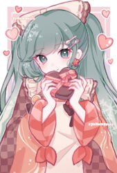 Rule 34 | 1girl, apron, aqua eyes, aqua hair, artist name, bell pepper, blush, book, border, bow, box, box of chocolates, brown bow, brown kimono, charm (object), checkered clothes, checkered kimono, closed mouth, commentary, earrings, english commentary, eyelashes, flower, flower earrings, fork hair ornament, frilled apron, frilled bow, frills, green pepper, hair bow, hair ornament, hairclip, hardboiled egg, hatsune miku, heart, heart-shaped box, highres, holding, holding book, japanese clothes, jewelry, kappougi, kimono, long hair, long sleeves, looking at viewer, pepper, pink background, pink bow, pink ribbon, red flower, red ribbon, red sleeves, red wrist cuffs, ribbon, ribbon-trimmed apron, ribbon-trimmed bow, ribbon trim, smile, snowflake print, spoon hair ornament, striped bow, striped clothes, striped ribbon, striped wrist cuffs, twintails, upper body, vocaloid, watermark, white apron, white border, wide sleeves, wrist cuffs, wrist ribbon, wrist wrap, yuki miku, yuki miku (2024), yukomeow