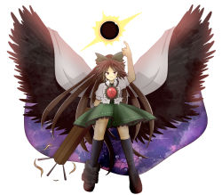 Rule 34 | 1girl, 5515hr, absurdres, arm cannon, asymmetrical footwear, atom, bird wings, black socks, black sun, black wings, bow, brown eyes, brown hair, cape, closed mouth, collared shirt, commentary request, control rod, frilled shirt collar, frilled skirt, frills, full body, green bow, green skirt, hair bow, highres, kneehighs, long hair, looking at viewer, mismatched footwear, pointing, pointing up, ponytail, reiuji utsuho, shirt, shoes, short sleeves, simple background, single shoe, skirt, smile, socks, solo, starry sky print, sun, third eye, touhou, very long hair, weapon, white background, white cape, white shirt, wings