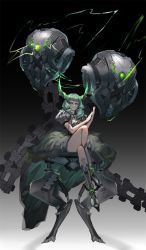 Rule 34 | 1girl, black rock shooter, dead master, drill hair, full body, gradient background, green eyes, green hair, highres, horns, jian ying (butjoy), knee up, looking at viewer, mechanical legs, puffy short sleeves, puffy sleeves, robot, short sleeves, simple background, sitting, weapon