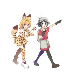 Rule 34 | 10s, 2girls, absurdres, animal ears, backpack, bag, blonde hair, blue eyes, boots, bow, bowtie, bucket hat, check commentary, commentary, commentary request, elbow gloves, feathers, gloves, hat, highres, kaban (kemono friends), kemono friends, loafers, multicolored hair, multiple girls, pantyhose, paw pose, pointing, serval (kemono friends), serval print, serval tail, shirt, shoes, short hair, short sleeves, shorts, skirt, t-shirt, tail, thighhighs, vest, white background, yellow eyes, zaltys, zettai ryouiki