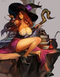 Rule 34 | 1girl, arm warmers, bare shoulders, bare tree, black dress, black eyes, black hat, blue footwear, book, breasts, brown hair, cauldron, cleavage, cliff, closed mouth, collarbone, dragon&#039;s crown, dress, flipped hair, grass, grey background, hand on headwear, hands up, hat, hat ribbon, holding, holding staff, huge breasts, hungry clicker, ladle, long hair, multicolored clothes, multicolored dress, panties, pantyshot, pink lips, potion, purple dress, purple ribbon, ribbon, sidelocks, simple background, sitting, skull, solo, sorceress (dragon&#039;s crown), staff, tree, underwear, vanillaware, very long hair, white dress, white panties, white trim, witch hat