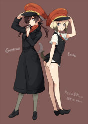 Rule 34 | 2girls, animal ears, ass, bad id, bad pixiv id, bare legs, black panties, bob cut, brown eyes, brown hair, character name, coat, dog ears, dog tail, erica hartmann, gertrud barkhorn, grey legwear, grin, hair ribbon, hand on headwear, hat, kodamari, long coat, long hair, long sleeves, multicolored hair, multiple girls, panties, pantyhose, peaked cap, ribbon, short hair, short sleeves, simple background, smile, strike witches, tail, translation request, twintails, two-tone hair, underwear, world witches series