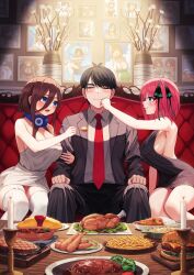 Rule 34 | 1boy, 2girls, bare arms, bare shoulders, black dress, black hair, blue eyes, breasts, brown hair, burger, butterfly hair ornament, candle, chicken (food), chips (food), cleavage, couch, curry, curry rice, drawing (object), dress, feeding, flower pot, food, go-toubun no hanayome, hair between eyes, hair ornament, hamburger steak, headphones, highres, hiyoku, large breasts, light smile, long hair between eyes, looking at another, looking to the side, multiple girls, nakano itsuki, nakano miku, nakano nino, nakano yotsuba, omelet, omurice, one eye closed, orange eyes, pink hair, portrait, potato chips, red tie, rice, salad, short hair, sleeveless, sleeveless dress, spoon, sweatdrop, table, thighhighs, thighs, uesugi fuutarou, white dress, white thighhighs