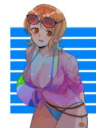Rule 34 | 1girl, alternate costume, arm behind back, bakakokithakan, ball, beachball, bikini, blue bikini, blush, breasts, cleavage, collarbone, commentary, cowboy shot, eyewear on head, food, fruit, halterneck, highres, holding, holding ball, holding beachball, large breasts, looking at viewer, mandarin orange, midriff, nami (one piece), one piece, orange-shaped ornament, orange eyes, orange hair, pink shirt, see-through, see-through shirt, shirt, short hair, single sidelock, sleeves rolled up, solo, stomach, sunglasses, swimsuit, symbol-only commentary, tied shirt, tongue, tongue out