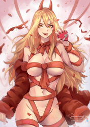 Rule 34 | 1girl, blonde hair, breasts, chainsaw man, cleavage, cross-shaped pupils, heart, highres, horns, jacket, jammeryx, large breasts, long hair, nail polish, naked ribbon, navel, open mouth, petals, power (chainsaw man), red horns, red jacket, red ribbon, ribbon, sharp teeth, smile, solo, symbol-shaped pupils, teeth, tongue, tongue out, valentine, yellow eyes