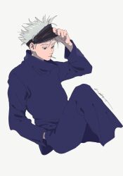 Rule 34 | 1boy, all nobori, arm up, artist name, black blindfold, blindfold, blindfold lift, blue eyes, blue pants, blue shirt, closed mouth, cropped legs, food in mouth, gojou satoru, grey hair, hand in pocket, high collar, highres, jujutsu kaisen, knee up, long sleeves, male focus, pants, shirt, simple background, solo, white background