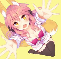 Rule 34 | 1girl, animal ear fluff, animal ears, black thighhighs, breasts, cleavage, fate (series), fox ears, fox tail, jacket, large breasts, long hair, official alternate costume, open mouth, pink hair, ryu narb, simple background, solo, tail, tamamo (fate), tamamo no mae (fate/extra), tamamo no mae (spring casual) (fate), thighhighs, yellow background, yellow eyes