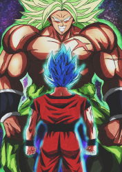 Rule 34 | 10s, 2boys, blue hair, broly (dragon ball super), clenched hands, derivative work, dougi, dragon ball, dragon ball super, dragonball z, evil grin, evil smile, facing away, green hair, grin, height difference, highres, legendary super saiyan, male focus, multiple boys, muscular, muscular male, no pupils, scar, topless male, short hair, smile, son goku, spiked hair, star (symbol), starry background, super saiyan, super saiyan blue, teeth, wallpaper, wristband