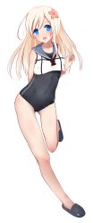 Rule 34 | 1girl, absurdres, black footwear, blonde hair, blue eyes, cosplay, covered navel, crop top, flower, full body, gin00, gluteal fold, hair between eyes, hair flower, hair ornament, hibiscus, highres, kantai collection, long hair, looking at viewer, one-piece swimsuit, open mouth, ro-500 (kancolle), ro-500 (kancolle) (cosplay), sailor collar, school swimsuit, school uniform, serafuku, simple background, slippers, solo, swimsuit, swimsuit under clothes, teeth, transparent background, u-511 (kancolle), white background