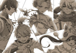 Rule 34 | 2girls, 3boys, athletic leotard, b-52 cocktail (food fantasy), ballerina, black hair, black sclera, blonde hair, braid, brown hair, capelet, chinese clothes, colored sclera, crab long bao (food fantasy), demon wings, eyepatch, foie gras (food fantasy), food fantasy, fur trim, grey hair, headset, leotard, long hair, monocle, multiple boys, multiple girls, official art, open clothes, open shirt, peking duck (food fantasy), short ponytail, staff, tangyuan (food fantasy), tutu, twintails, wings