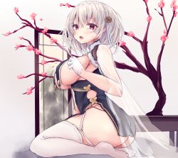 Rule 34 | 1girl, ass, azur lane, blush, braid, breast curtains, breasts, cherry blossoms, china dress, chinese clothes, dress, flower, garter straps, gloves, hair between eyes, hair ornament, highres, large breasts, looking at viewer, red eyes, revealing clothes, short hair, sirius (azur lane), sirius (azure horizons) (azur lane), sitting, solo, thighhighs, white gloves, white hair, white thighhighs, yuuki shuri