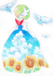 Rule 34 | 1girl, arms at sides, bare shoulders, black eyes, blue dress, blue sky, bob cut, closed eyes, closed mouth, cloud, colored skin, creatures (company), day, dot mouth, dress, elbow gloves, expressionless, female focus, flat chest, flower, flying, full body, game freak, gardevoir, gen 3 pokemon, gloves, green hair, hair over one eye, highres, long dress, mega gardevoir, mega pokemon, nintendo, one eye covered, open mouth, pokemon, pokemon (creature), projected inset, short hair, simple background, sky, solo focus, standing, strapless, strapless dress, sunflower, swablu, traditional media, u u, white background, white gloves, white skin, yellow flower, yuka (yukaaaaaaa0705)
