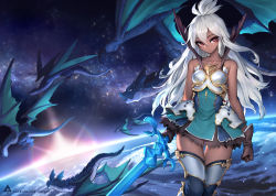 Rule 34 | armor, armored dress, bare shoulders, boobplate, breastplate, brown gloves, collarbone, commentary, dark-skinned female, dark skin, dragon, dress, english commentary, gloves, granblue fantasy, green dress, hair between eyes, highres, long hair, looking at viewer, oopartz yang, patreon username, red eyes, solo, strapless, strapless dress, sword, thighhighs, weapon, white hair, zooey (granblue fantasy)