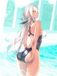 Rule 34 | 1girl, absurdres, adjusting clothes, adjusting swimsuit, ass, back, black ribbon, breasts, commentary request, competition swimsuit, cowboy shot, dark-skinned female, dark skin, day, from behind, girls&#039; frontline, hair between eyes, hair ornament, hair ribbon, highres, indoors, large breasts, long hair, looking at viewer, m590 (girls&#039; frontline), one-piece swimsuit, open mouth, pool, pottsness, ribbon, sidelocks, skindentation, solo, swimsuit, tsurime, wet, white hair, yellow eyes