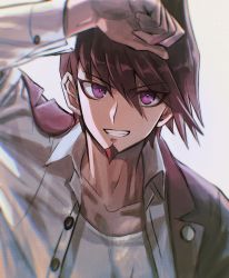 Rule 34 | 1boy, absurdres, arm up, brown hair, buttons, collarbone, commentary request, danganronpa (series), danganronpa v3: killing harmony, facial hair, goatee, grey background, grey shirt, grin, highres, jacket, jacket on shoulders, male focus, momota kaito, open clothes, open shirt, pink jacket, purple eyes, shirt, short hair, simple background, smile, spiked hair, visket53, white shirt