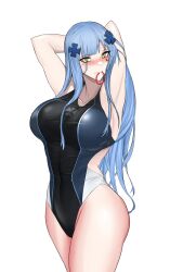 Rule 34 | 1girl, armpits, arms behind head, arms up, bikini, black one-piece swimsuit, blue one-piece swimsuit, blush, breasts, cleavage, competition swimsuit, cross hair ornament, facial mark, green eyes, hair ornament, highres, hk416 (girls&#039; frontline), large breasts, long hair, looking at viewer, one-piece swimsuit, simple background, solo, swavigg, swimsuit, teardrop, teardrop facial mark, teardrop tattoo, two-tone one-piece swimsuit, two-tone swimsuit