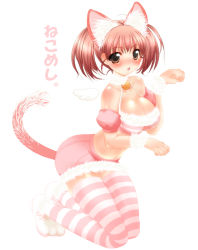Rule 34 | 1girl, ahoge, animal ears, bell, blush, breasts, brown eyes, cat ears, cat girl, cat tail, cleavage, collar, fangs, female focus, full body, huge breasts, large breasts, midriff, navel, neck bell, original, paw pose, red hair, solo, striped clothes, striped thighhighs, tail, thighhighs, translated, umehara emika, wings