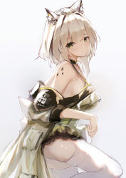 Rule 34 | 1girl, animal ears, arknights, bare shoulders, black choker, chinese commentary, choker, commentary request, cowboy shot, cuy7, dress, from side, green dress, green eyes, grey background, hair intakes, head tilt, highres, kal&#039;tsit (arknights), long sleeves, looking at viewer, material growth, off-shoulder dress, off shoulder, oripathy lesion (arknights), short hair, silver hair, simple background, solo, thighhighs, thighs, white thighhighs