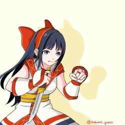 Rule 34 | 1girl, artist name, black hair, blue eyes, breasts, clenched hands, fighting stance, fingerless gloves, gloves, hair ribbon, highres, legs, long hair, medium breasts, nakoruru, open mouth, pants, ribbon, samurai spirits, serious, snk, solo, the king of fighters, the king of fighters xv, thighs, weapon