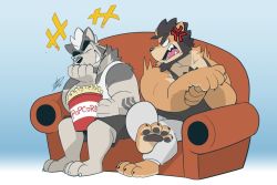 Rule 34 | 2boys, alca (wakatanka4), alca the lion, anger vein, animal ears, bara, beard, beenic, black tank top, casual, chest hair, chibi, commission, couch, dog boy, dog ears, english text, facial hair, food, full body, furry, furry male, glasses, grey fur, grey hair, hikaze (hikazedragon), laughing, lion boy, lion ears, male focus, mature male, motion lines, multiple boys, muscular, muscular male, on couch, original, pectorals, popcorn, prank, second-party source, short hair, tank top, two-tone fur, white tank top