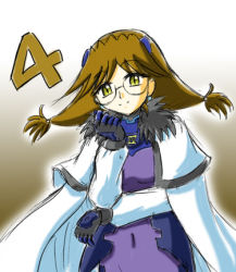 Rule 34 | 00s, 1girl, bodysuit, brown hair, glasses, lowres, lyrical nanoha, mahou shoujo lyrical nanoha, mahou shoujo lyrical nanoha strikers, numbers (nanoha), purple bodysuit, quattro (nanoha), solo, twintails, yellow eyes