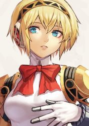 Rule 34 | 1girl, aegis (persona), blonde hair, blue eyes, bow, bowtie, breasts, collared shirt, commentary, fagi (kakikaki), hair between eyes, hairband, joints, lips, medium breasts, parted lips, persona, persona 3, ringed eyes, robot joints, shirt, short hair, simple background, solo, upper body