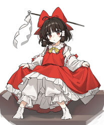 Rule 34 | 1girl, artist name, baggy pants, bare shoulders, blush, bow, bowtie, brown hair, closed mouth, clothes lift, collared shirt, detached sleeves, embodiment of scarlet devil, full body, gohei, hair bow, hair ornament, hair tubes, hakurei reimu, highres, jill 07km, long sleeves, looking at viewer, no shoes, nontraditional miko, pants, red bow, red eyes, red skirt, red vest, ribbon-trimmed sleeves, ribbon trim, shirt, short hair, simple background, sitting, skirt, skirt set, sleeveless, sleeveless shirt, socks, solo, stairs, touhou, vest, white background, white pants, white shirt, white socks, wide sleeves, yellow bow, yellow bowtie