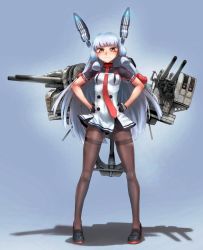 Rule 34 | 10s, 1girl, anchor, black pantyhose, blunt bangs, blush, cannon, didloaded, full body, gloves, hair ribbon, hands on own hips, headgear, kantai collection, loafers, long hair, looking at viewer, murakumo (kancolle), murakumo kai ni (kancolle), necktie, pantyhose, red necktie, ribbon, shoes, silver hair, simple background, solo, thighband pantyhose