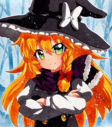 Rule 34 | 1girl, bad id, bad pixiv id, black dress, black hat, blonde hair, bow, braid, breasts, buttons, closed mouth, crossed arms, dress, eyes visible through hair, frills, green eyes, hair between eyes, hair bow, hands up, hat, hat bow, kirisame marisa, long hair, long sleeves, looking at viewer, medium breasts, puffy sleeves, purple neckwear, purple scarf, qqqrinkappp, red bow, scarf, shikishi, shirt, single braid, smile, snowing, solo, touhou, traditional media, tree, white bow, white shirt, white sleeves, witch hat